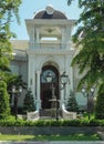 One beautiful two-story house with palm trees, trees, and landscape design in the summer