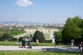 VIENNA, AUSTRIA - APR 30th, 2017: Classic view of famous Schonbrunn Palace with Great Parterre garden with people Royalty Free Stock Photo