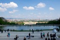 VIENNA, AUSTRIA - APR 30th, 2017: Classic view of famous Schonbrunn Palace with Great Parterre garden with people Royalty Free Stock Photo