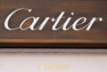 Vienna, Austria - April 22, 2023: Close-up sign of the Cartier boutique in the city center