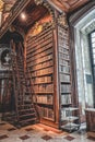 Vienna, Austria - April 28, 2019: Ladders besides antique bookshelf filled with old books inside imperial library