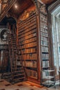 Vienna, Austria - April 28, 2019: Ladders besides antique bookshelf filled with old books inside imperial library