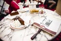 Vienna, Austria - April 3, 2013: The Sacher cake, in German Sachertorte, is a typical Austrian chocolate cake created and served Royalty Free Stock Photo