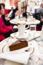 Vienna, Austria - April 3, 2013: The Sacher cake, in German Sachertorte, is a typical Austrian chocolate cake created and served Royalty Free Stock Photo