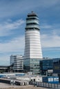 Air traffic control tower at Vienna International Airport, or Flughafen Wien-Schwechat VIE. Royalty Free Stock Photo