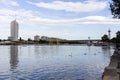 VIENNA, AUSTRIA - August 17, 2019: Blue Danube river and view at the Donau city and bridges of Vienna Royalty Free Stock Photo