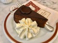 VIENNA, AUSTRIA- AUGUST 15, 2019: Original Sacher Torte Cake at Hotel Sacher in Vienna