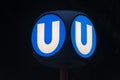 Vienna U-Bahn logo of underground rail transit system at night