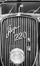 Vienna, Austria 10.01.2015 : Closeup of grill Black Steyr 220 classic car from 1937. Black and white foto of Museum of Technology