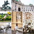 VIENNA, AUSTRIA . Collage. Vienna State Theater Burgtheater, Austria, Neue Burg, a new castle of the Hofburg Palace, Museum in Hel Royalty Free Stock Photo