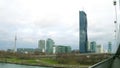 VIENNA, AUSTRIA - DECEMBER, 25 Riverbank shot involving Danube Tower, Donau City skyscraper and International Center