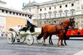 Vienna, Austria, Elderly tourists ride on a walking coach and listen to the story of a coachman-guide.