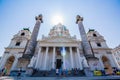 20.08.2019 Vienna, Austria: famous white catholic cathedral Karlskirche in Vienna. view of Church with turquoise dome in sunbeam