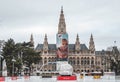 Vienna, Austria - Feb 7, 2020: Empty rink site lockers outside city hall in winter morning