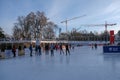 Vienna, Austria - February 18, 2021: Ice skating in front of the Vienna Town Hall. Royalty Free Stock Photo