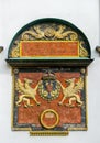 Heraldic coat of arms of the Habsburg dynasty. Decorative wall decoration of an old building in Vienna, Austria