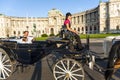 People have a ride in the horsedrawn carriage, called fiaker, in Vienna