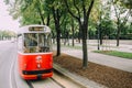 Vienna, Austria - June 2014. Red tram rides on the famous route Ringstrasse Royalty Free Stock Photo