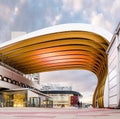 Huge modern visor adorn the entrance to Austria Center building in Donaucity