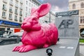 Pink rabbit sculpture near Opera in Vienna. Made by the German concept artist Ottmar Horl Royalty Free Stock Photo