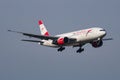 Austrian Airlines Boeing 777-200 OE-LPD passenger plane arrival and landing at Vienna Airport Royalty Free Stock Photo