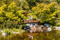 Vienna,Austria - May 12, 2018: Japanese garden with wooden bridge and beautiful waterfall