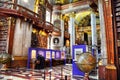 VIENNA, AUSTRIA - MAY 04, 2014: Old bookshelfs with ladder and books inside the Austrian National library. Tourist visits exhibit. Royalty Free Stock Photo