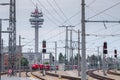 VIENNA, AUSTRIA - MAY 27: View of the telecommunication tower A1 Telekom Austria Group, from the platform of main railway station