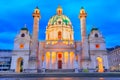 Vienna, Austria: Night view of the Karlskirche , Saint Charles Church at Karlsplatz Royalty Free Stock Photo
