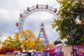 Ferris wheel with red retro cabs in Prater. Vienna Giant Wheel in Amusement Park, Vienna, Royalty Free Stock Photo