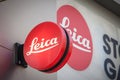 Leica logo in front of their retailer on a shop in Vienna.