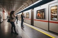 People standing on the underground platform in Vienna, Austria, train arriving, motion blur