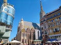 Vienna, Austria - Sept. 10, 2018: View of famous Stephansplatz square and surrounding buildings: St. Stephen`s Cathedral and Hote