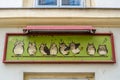 Architectural detail, shop facade with owls logo in Vienna, Austria