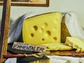 VIENNA, AUSTRIA - SEPTEMBER 8, 2017. Emmentaler cheese in Tirol House at the Schonbrunn zoo, Vienna, Austria.
