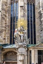 View of the statue of St. Joanni da Capistrano, under the north facade of Stephansdom Cathedral.