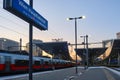 Vienna central railway station Hauptbahnhof, at evening with train platforms. Wien, Austria, transport, transportation