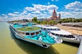 Vienna. Franz von Assisi church and river cruiser on Danube river in Vienna view Royalty Free Stock Photo