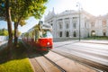 Vienna tram with Burgtheater at sunrise, Vienna, Austria