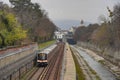 Vienna U-Bahn train moves along Coudenhove-Park and Vienna river