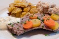 Viennese Boiled Beef Tafelspitz with Chives Sauce, Viennese Potatoes and Bread Horseradish Royalty Free Stock Photo