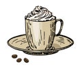 Viennese coffee. Coffee with cream in a cup and coffee beans. Caffe latte whipped cream cap