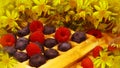 Viennese cookies with raspberries and blueberries on a background of yellow daisies. Close-up. Royalty Free Stock Photo