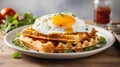 Viennese waffle with poached egg breakfast on white kitchen background, morning meal concept