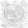 Viennese waffles with berries. Dessert.Coloring book antistress for children and adults.