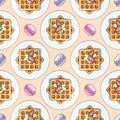 Viennese waffles, breakfast, vector seamless pattern in the style of doodles, hand-drawn