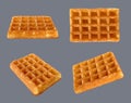 Viennese waffles. Delicious baking food square forms crispy scattered waffles decent vector realistic templates of