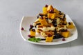 Viennese waffles with ice cream and slices of mango doused with chocolate,in a white plate on a gray background Royalty Free Stock Photo