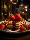 Viennese waffles are poured with liquid chocolate on a plate