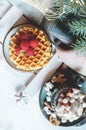 Viennese waffles with raspberries and honey on the Christmas table with a hot drink with marshmallows and Christmas tree branches Royalty Free Stock Photo